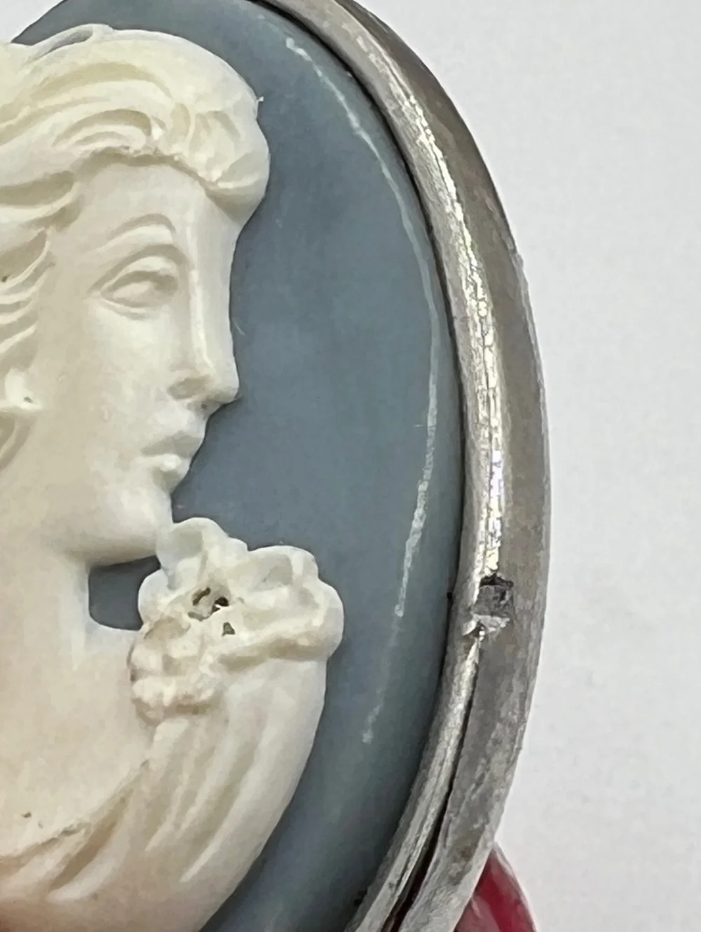 Crown Trifari Emboss Cameo Silvertone Blue Celluloid Brooch